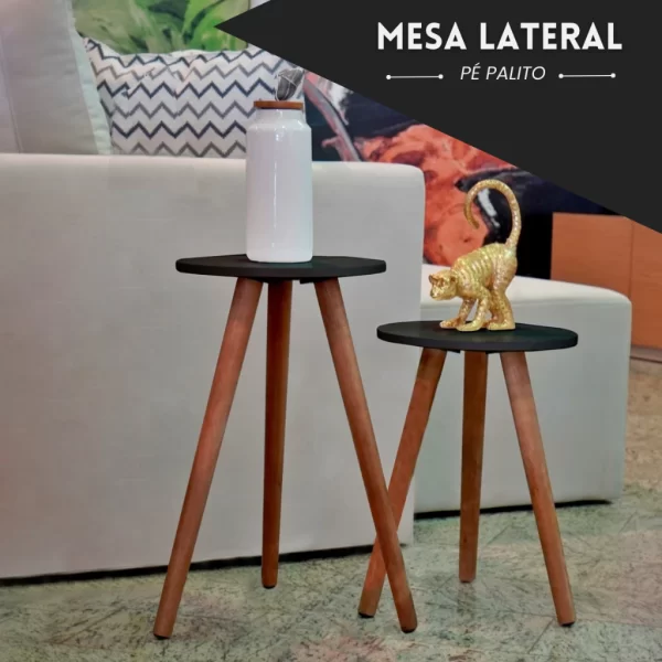 Conjunto de Mesinha Lateral Redonda Sala Pe Madeira Retrô Sala Quarto - Image 3
