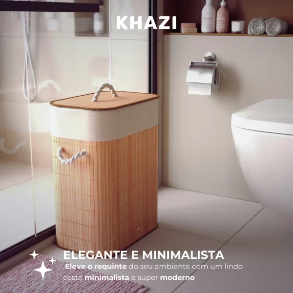 Cesto de Roupa Suja Bambu 72 Litros Lavanderia com Tampa e Alças Forrado Grande Organizador Banheiro - Image 2
