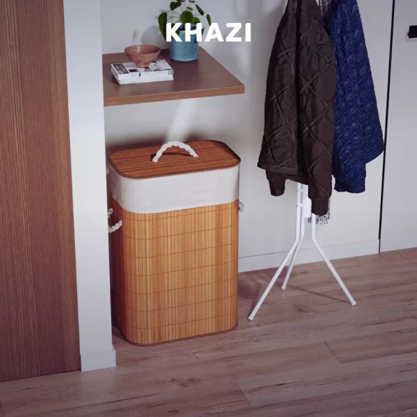 Cesto de Roupa Suja Bambu 72 Litros Lavanderia com Tampa e Alças Forrado Grande Organizador Banheiro