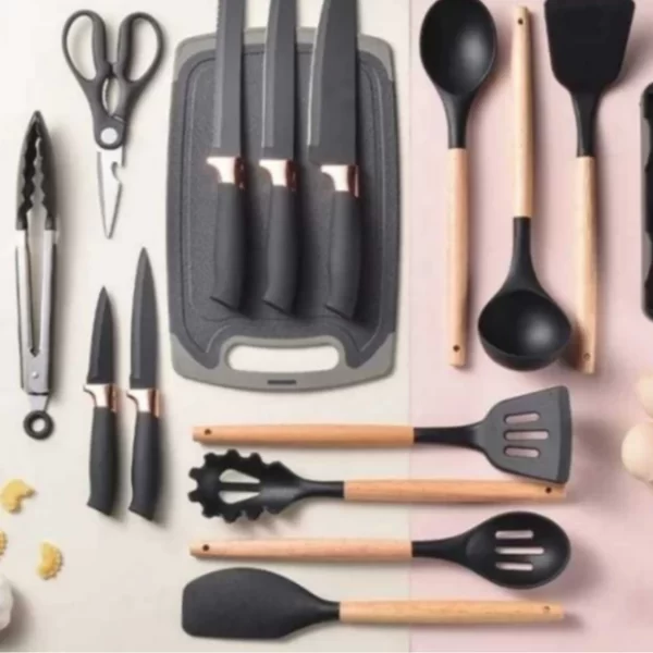 Kit Completo Jogo de Cozinha Luxo com Tábua em Silicone Espátula Faca Tesoura Utensílios